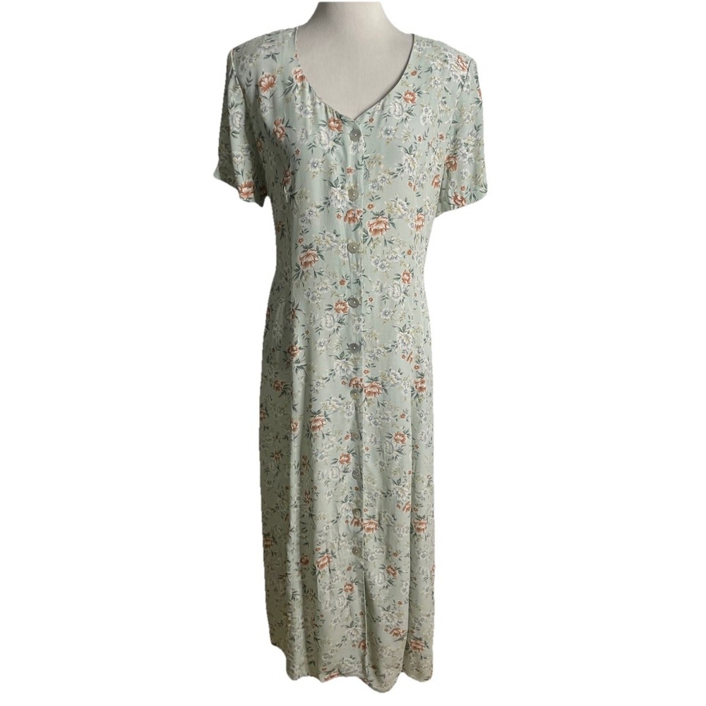 Vtg 90s DJI Floral Cottagecore Ditzy Maxi Button Down Lace Up Back Dress 12 - Picture 2 of 5